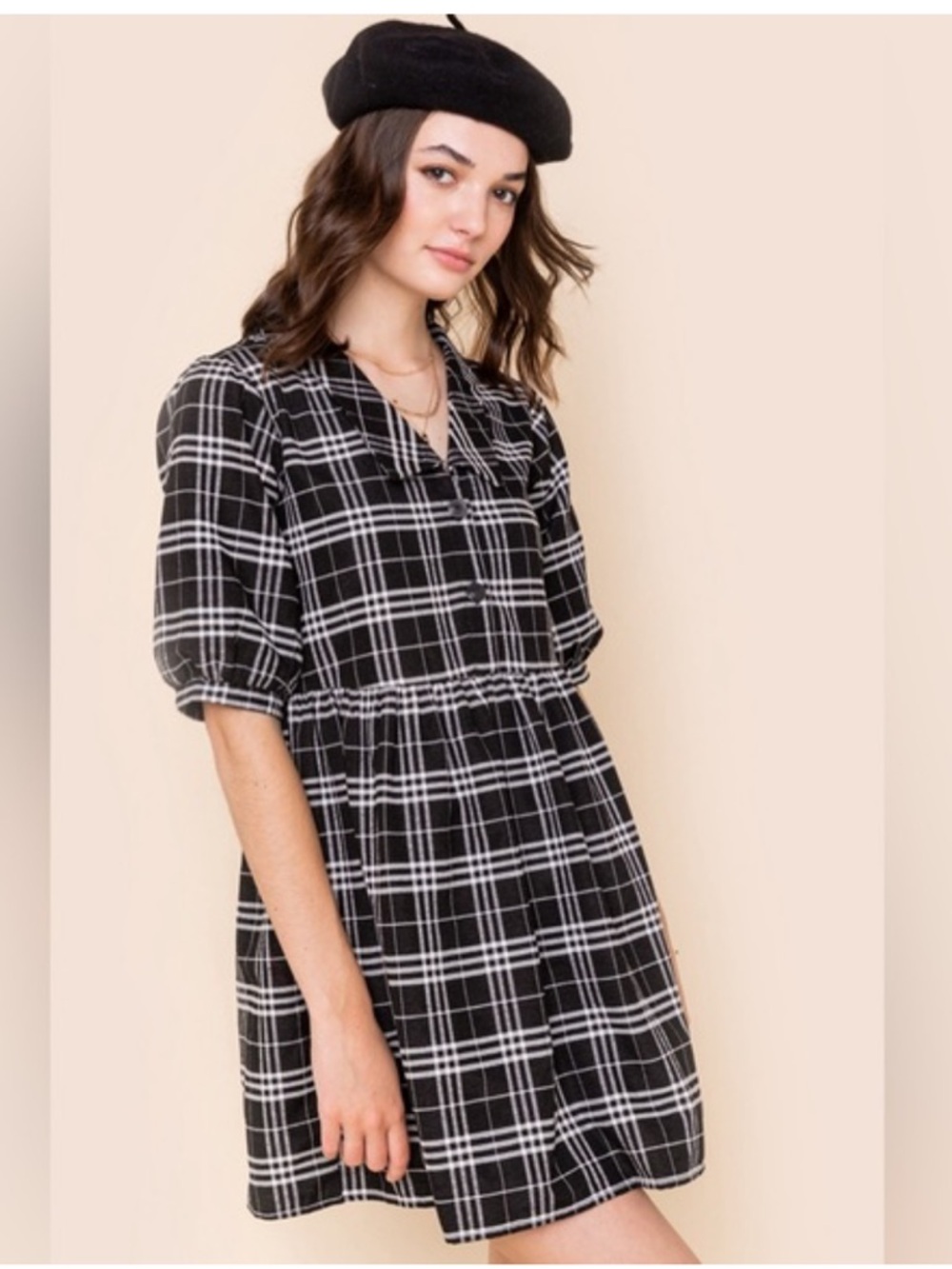 333 Harper Heritage Plaid Babydoll Dress XS Black White Puff Sleeve collared
